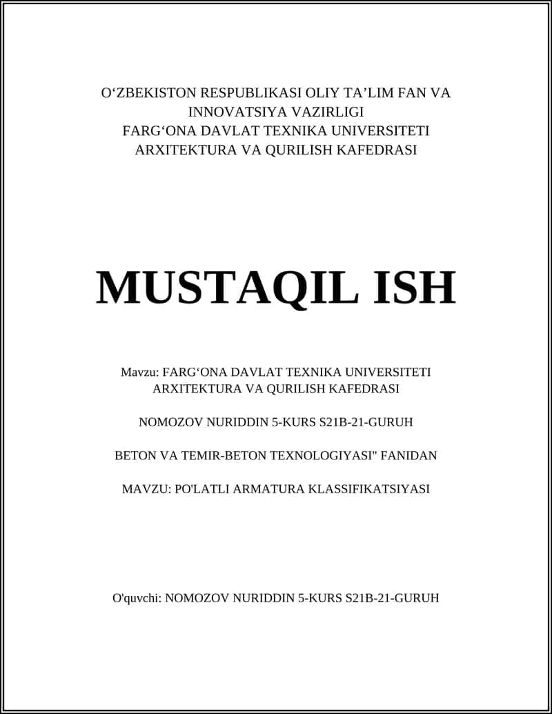 PO'LATLI ARMATURA KLASSIFIKATSIYASI