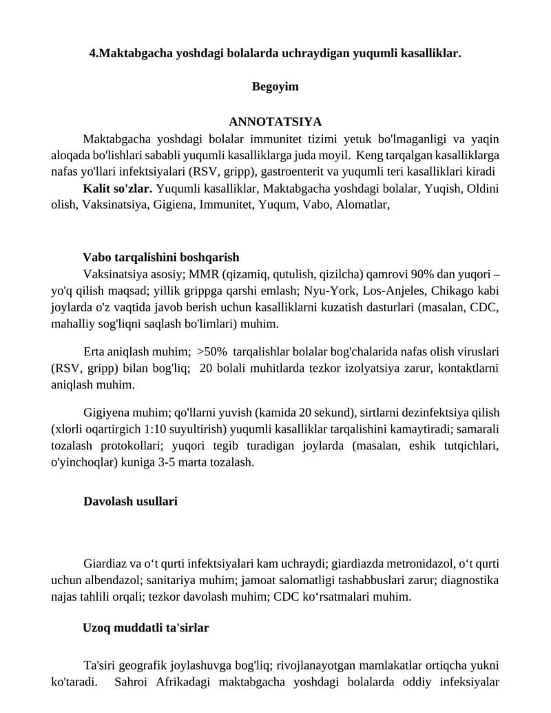 Maktabgacha yoshdagi bolalarda uchraydigan yuqumli kasalliklar