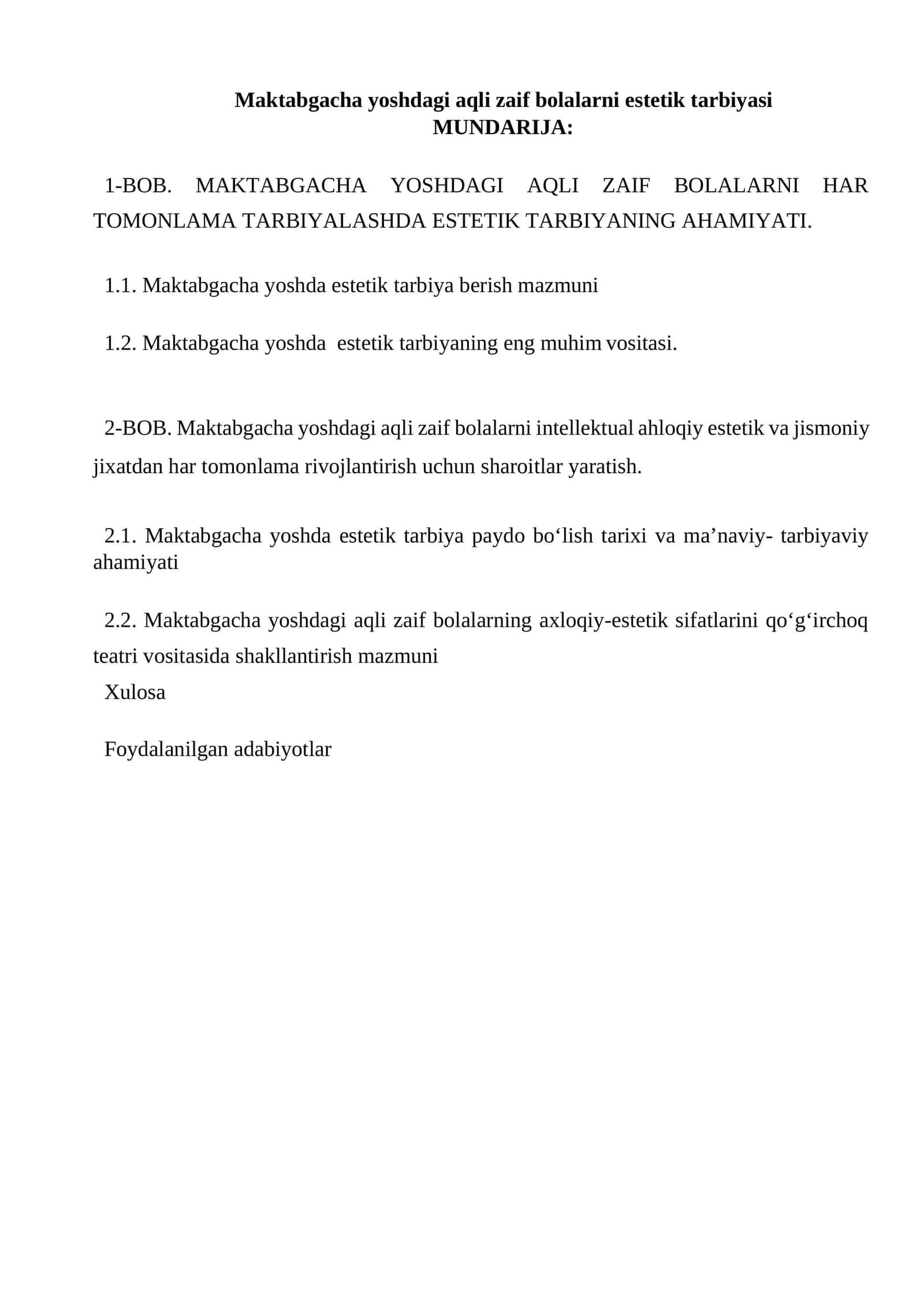 Maktabgacha yoshdagi aqli zaif bolalarni estetik tarbiyasi