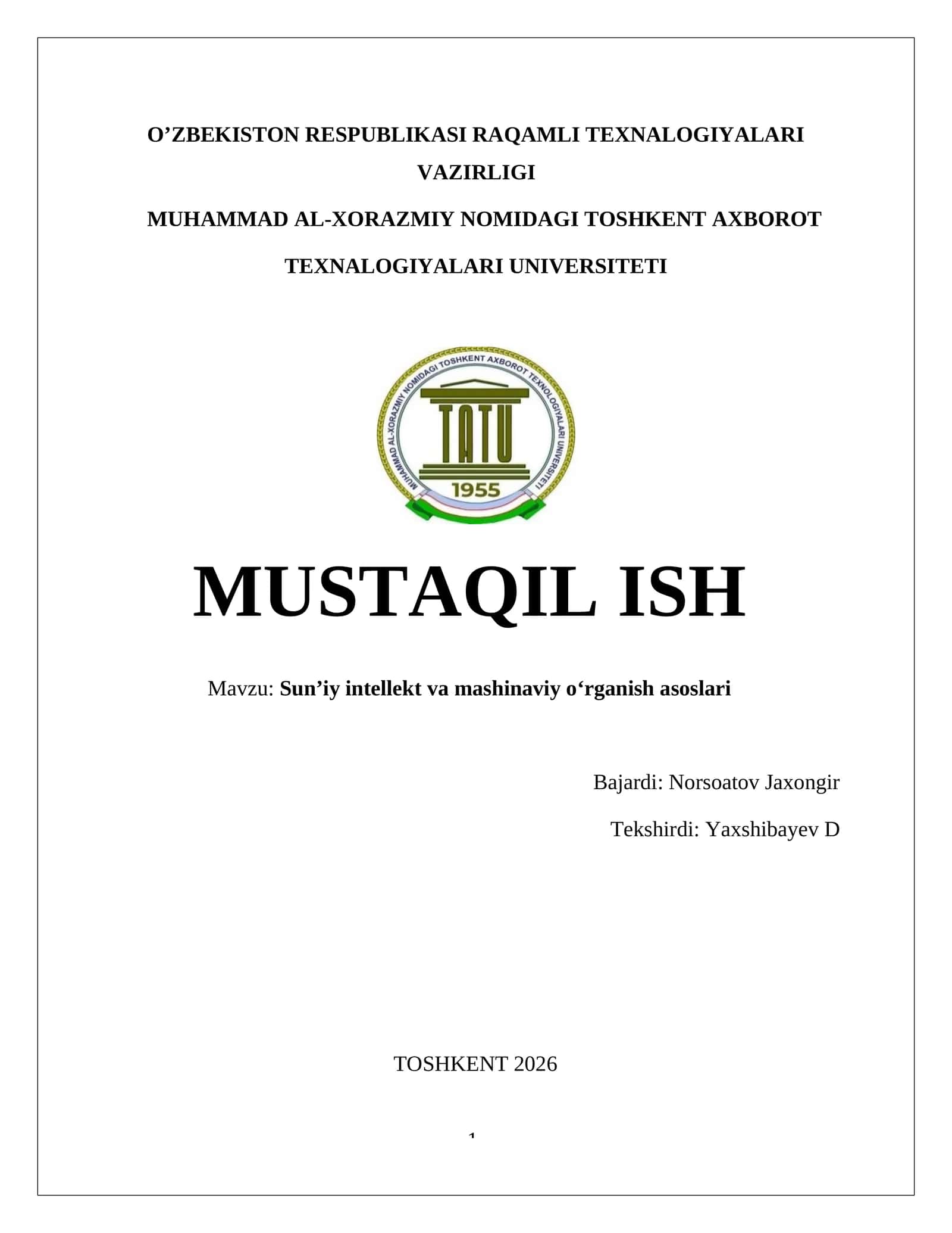 Sun’iy intellekt va mashinaviy o‘rganish asoslari