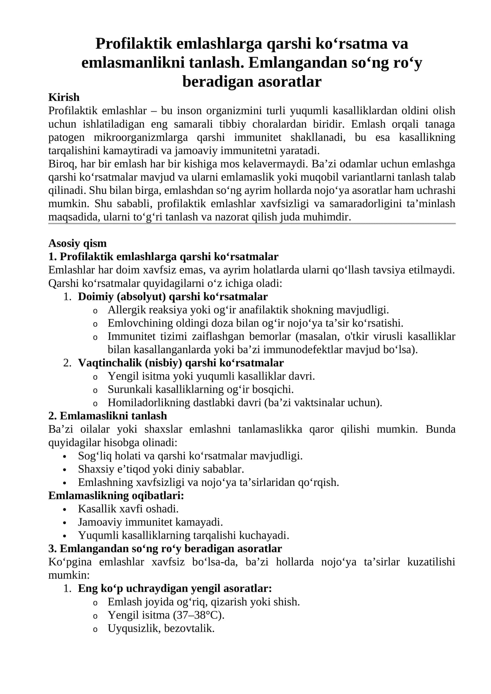 Profilaktik emlashlarga qarshi ko‘rsatma va emlasmanlikni tanlash