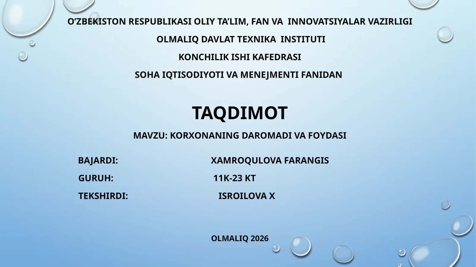 korxonaning daromadi va foydasi