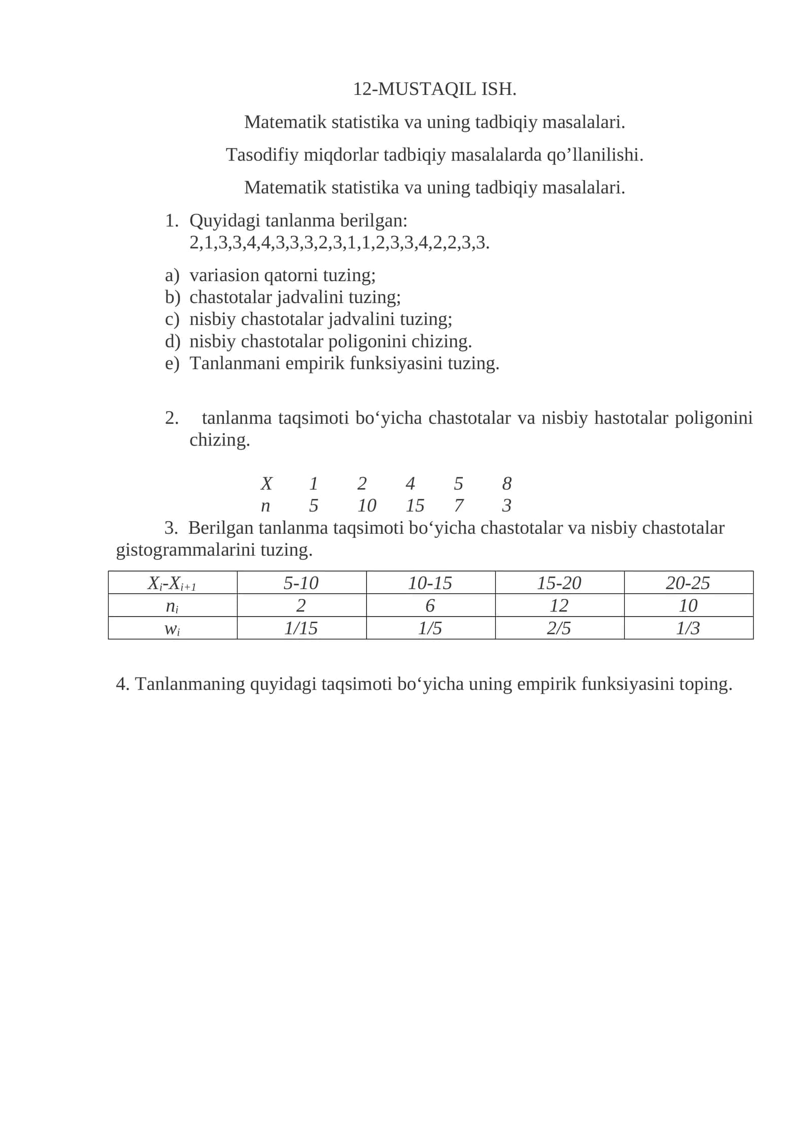 Matematik statistika va uning tadbiqiy masalalari