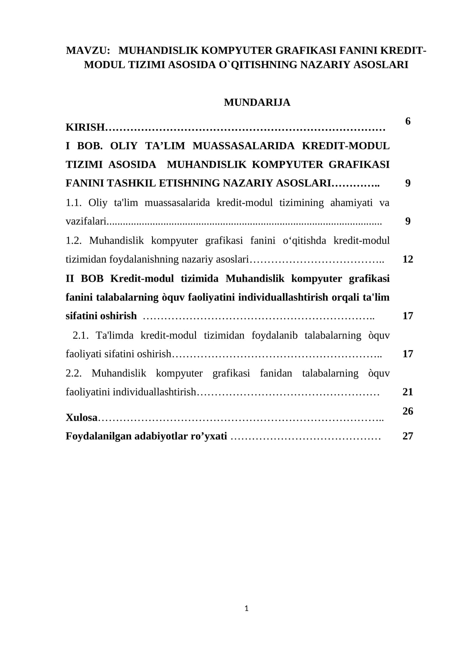 MUHANDISLIK KOMPYUTER GRAFIKASI FANINI KREDIT-MODUL TIZIMI ASOSIDA O`QITISHNING NAZARIY ASOSLARI