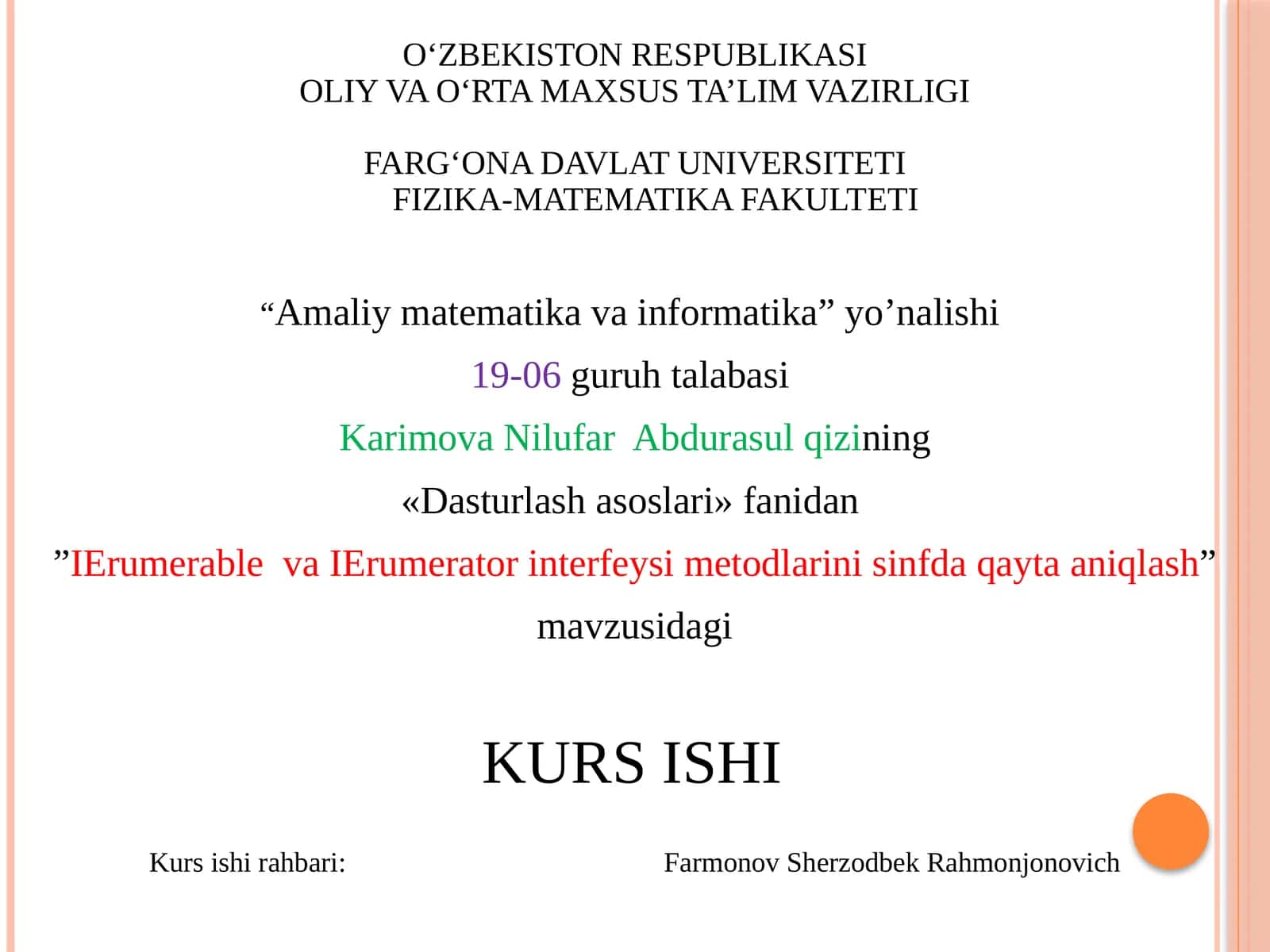 IErumerablevaIErumeratorinterfeysimetodlarinisinfdaqaytaaniqlash