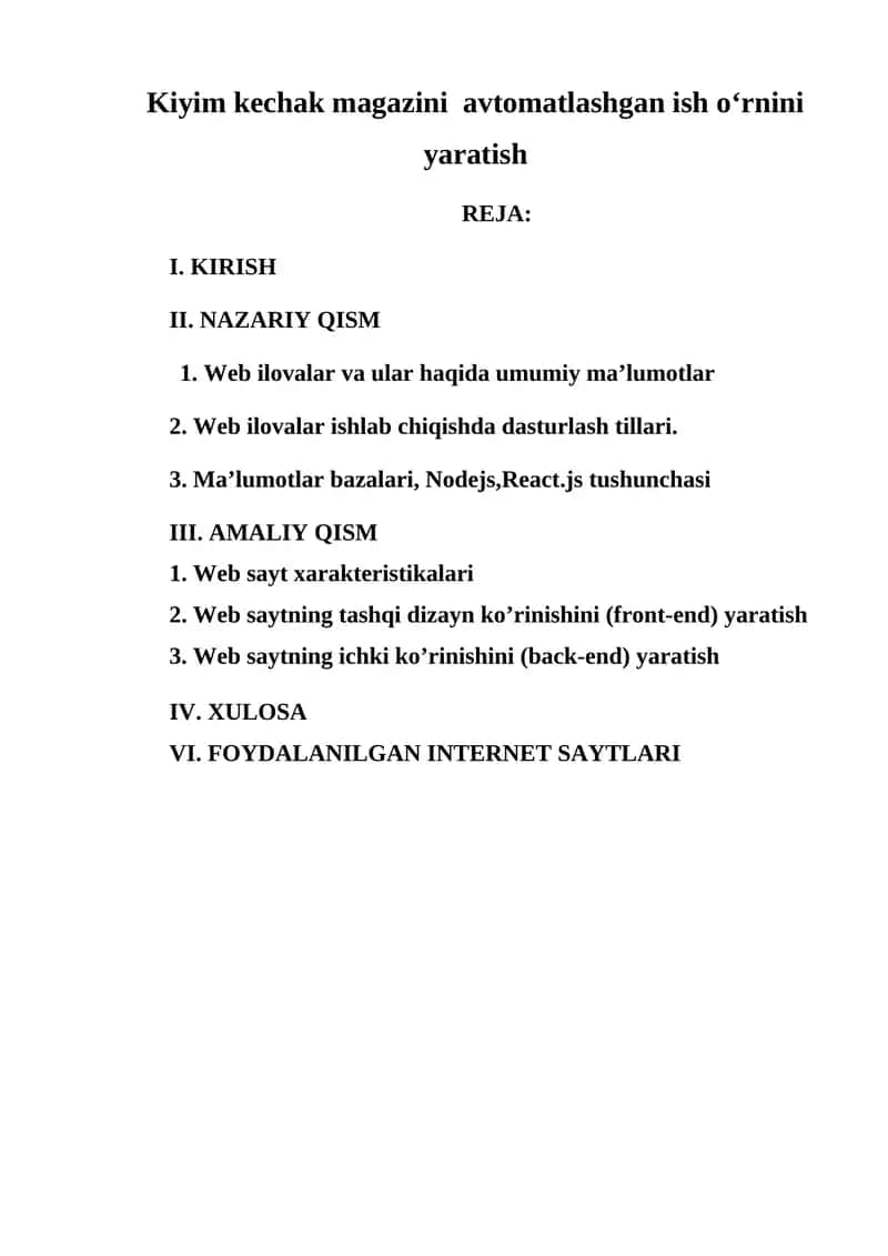 Kiyim kechak magazini avtomatlashgan ish o‘rnini yaratish