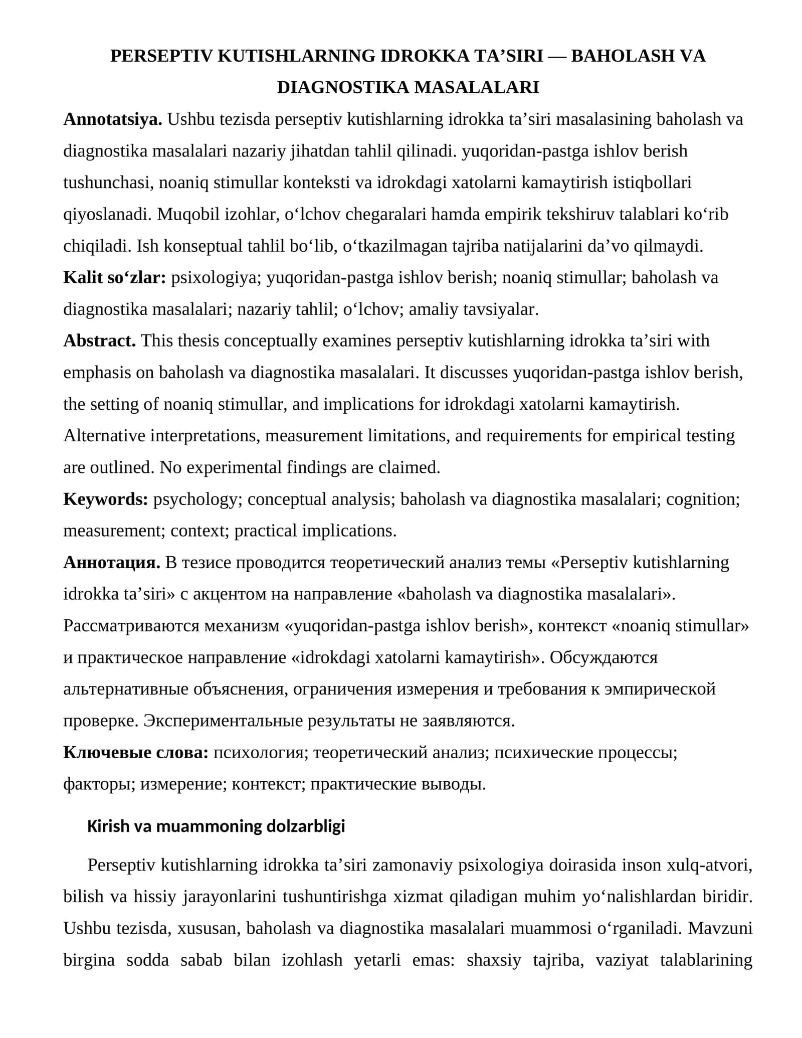 PERSEPTIV KUTISHLARNING IDROKKA TA’SIRI — BAHOLASH VA DIAGNOSTIKA MASALALARI