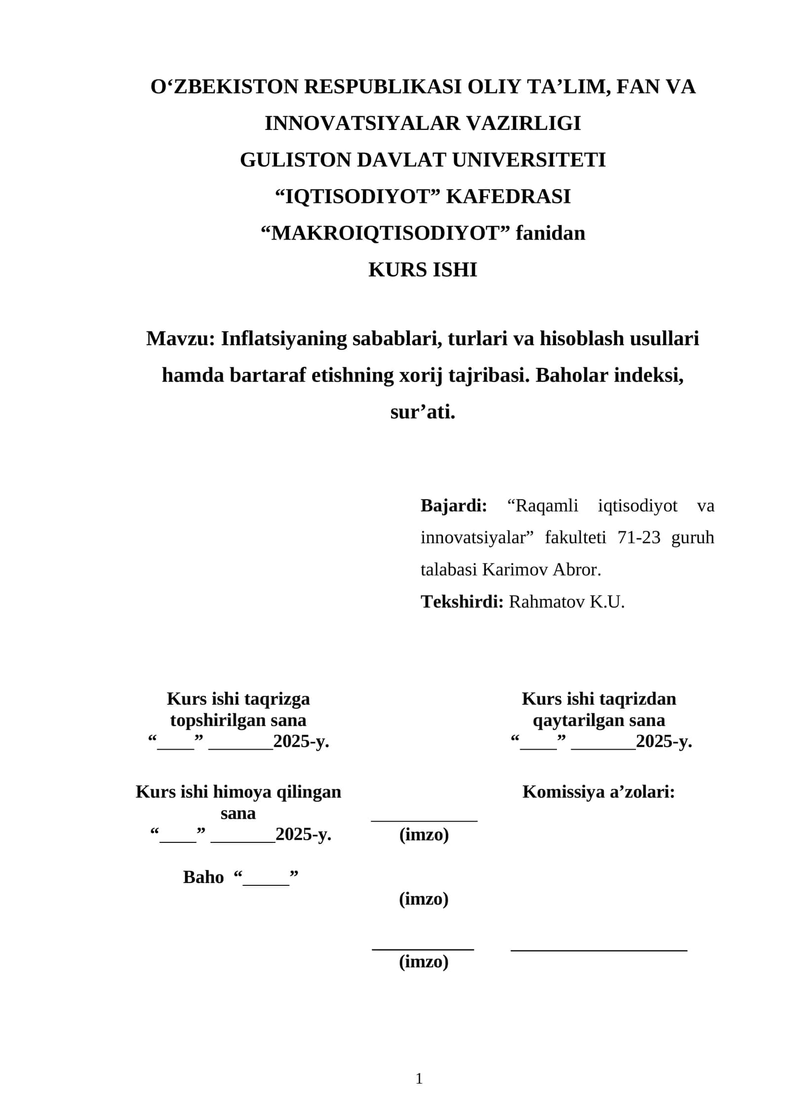 Inflatsiyaning sabablari, turlari va hisoblash usullari hamda bartaraf etishning xorij tajribasi