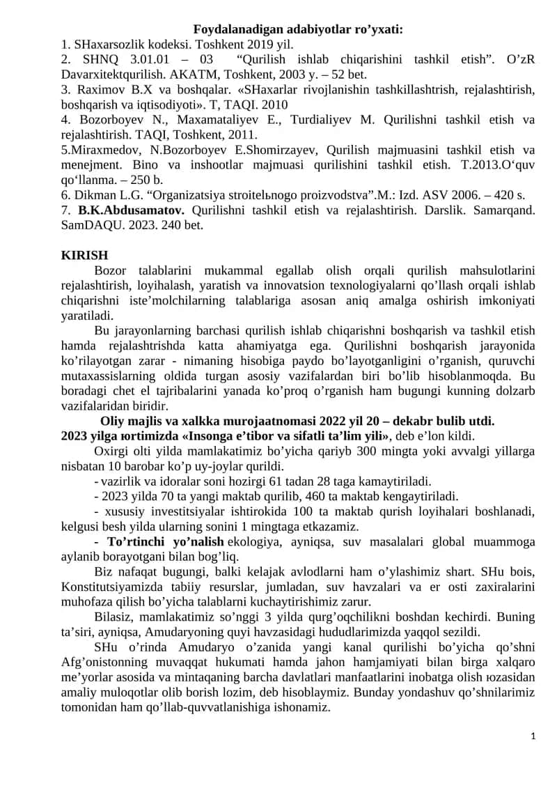 Qurilish majmuasini tashkil etish va menejment