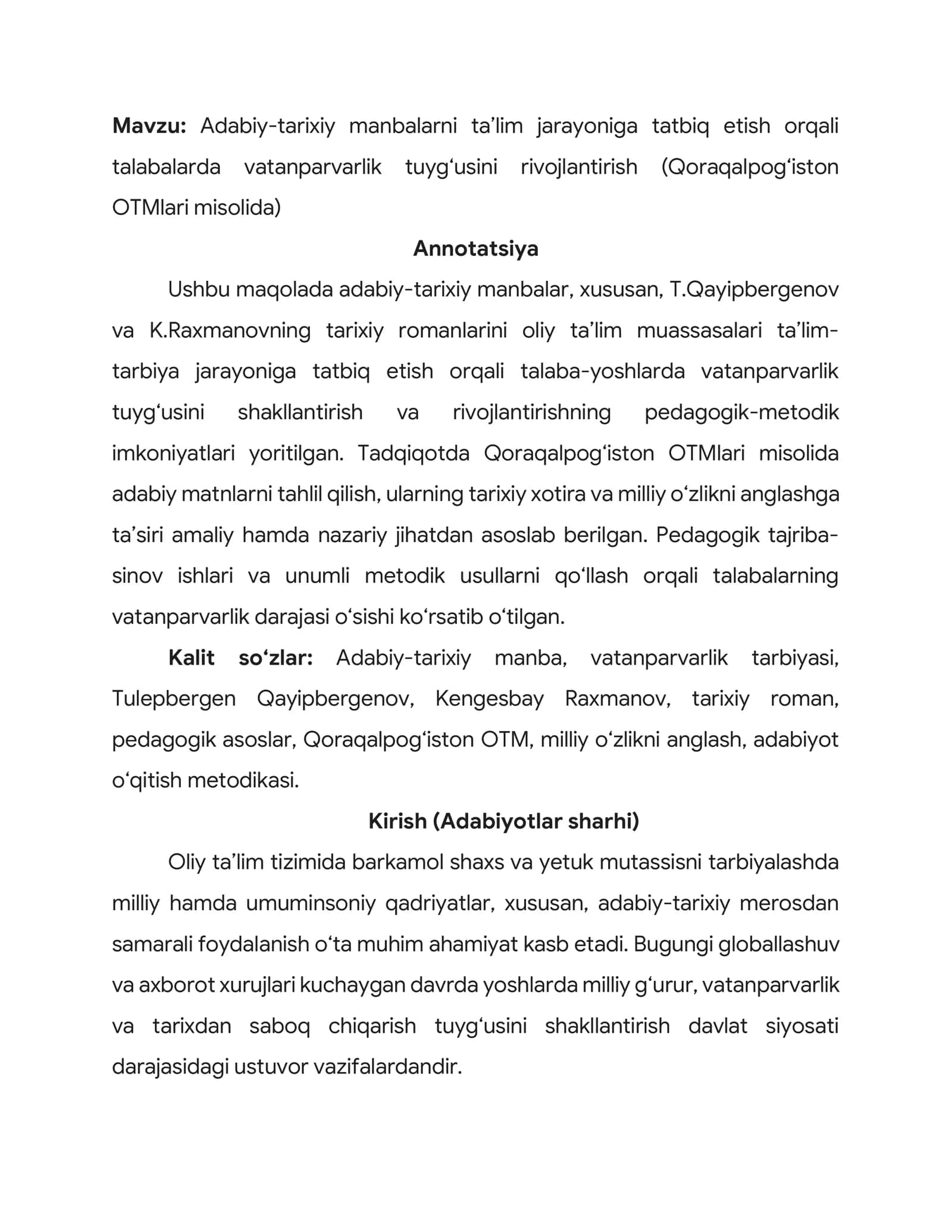Adabiy-tarixiy manbalarni ta’lim jarayoniga tatbiq etish orqali talabalarda vatanparvarlik tuyg‘usini rivojlantirish (Qoraqalpog‘iston OTMlari misolida)