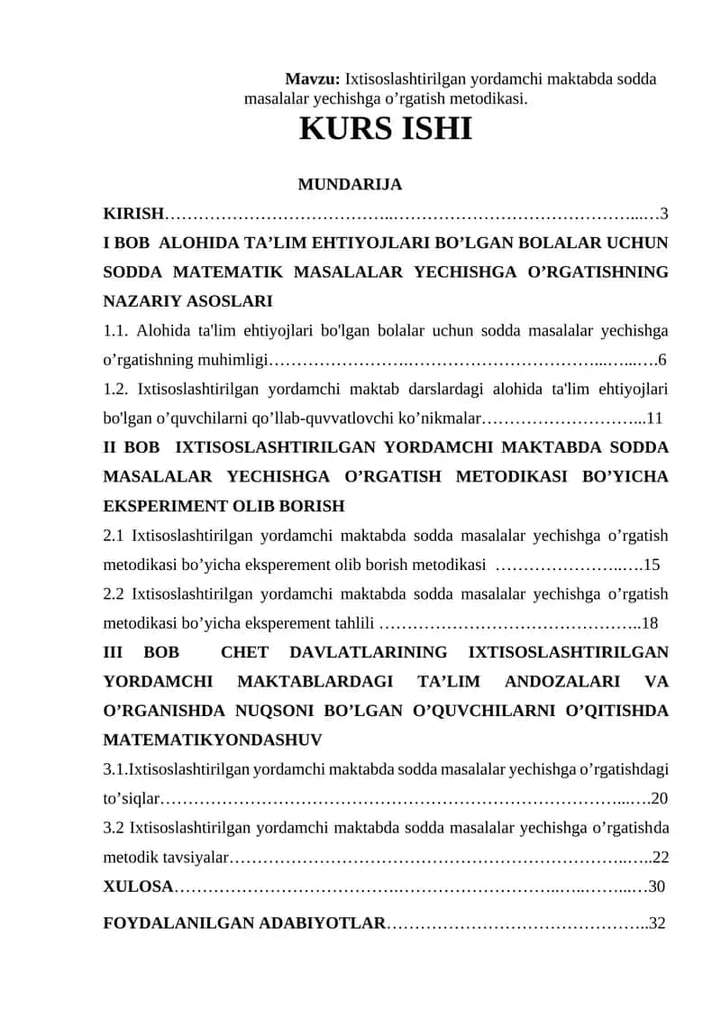 Ixtisoslashtirilgan yordamchi maktabda sodda masalalar yechishga o’rgatish metodikasi