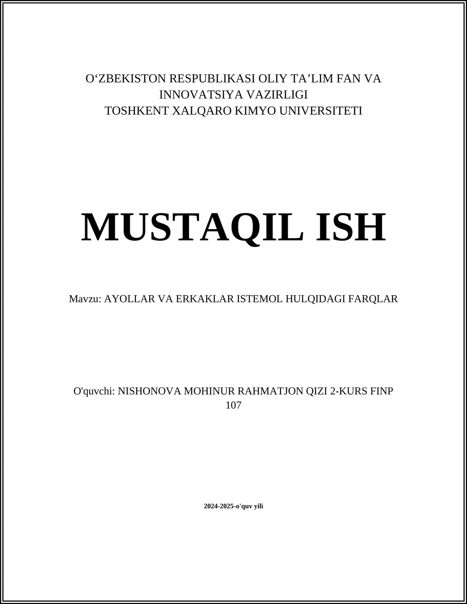 AYOLLAR VA ERKAKLAR ISTEMOL HULQIDAGI FARQLAR