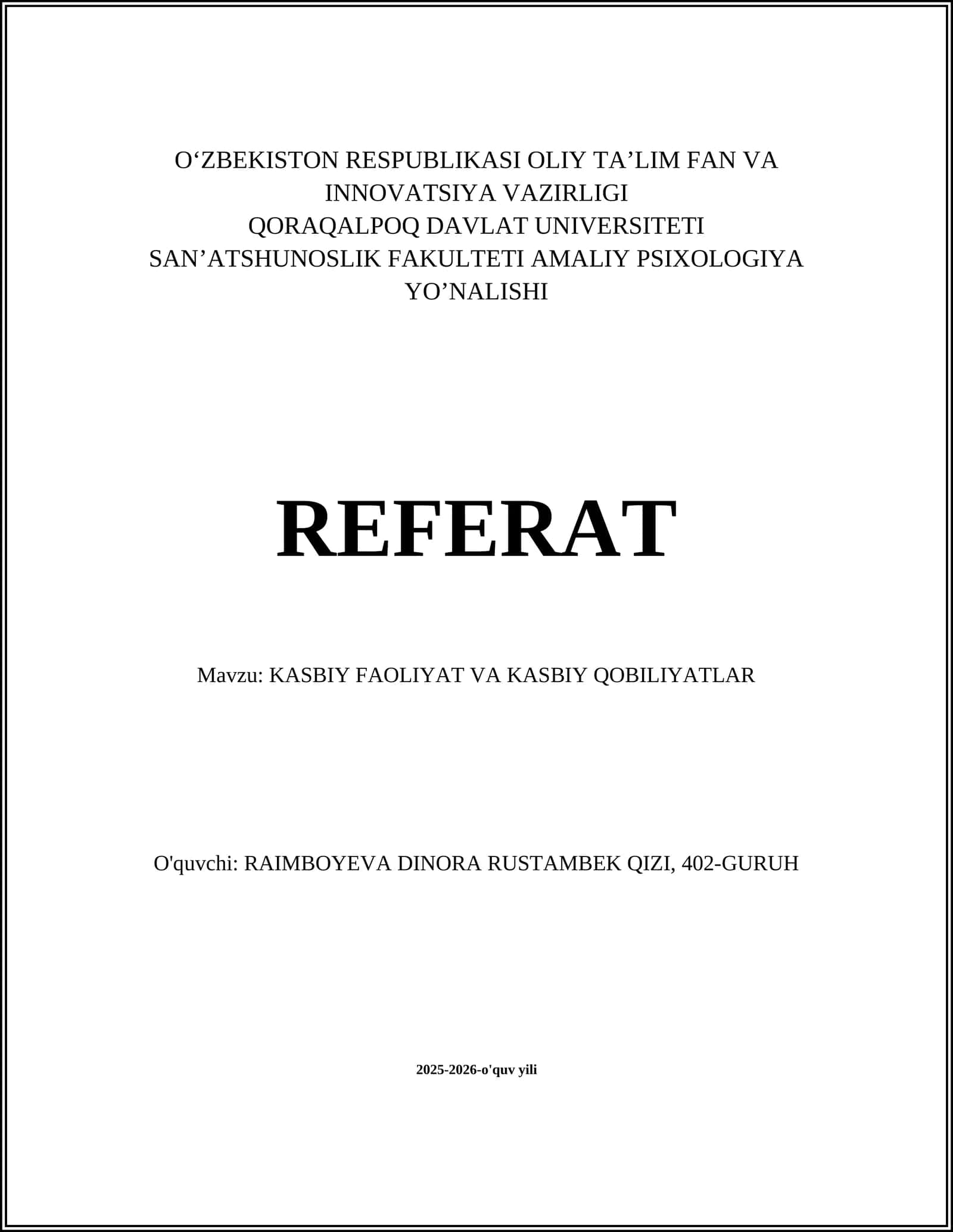 KASBIY FAOLIYAT VA KASBIY QOBILIYATLAR