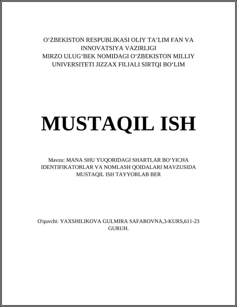 IDENTIFIKATORLAR VA NOMLASH QOIDALARI MAVZUSI