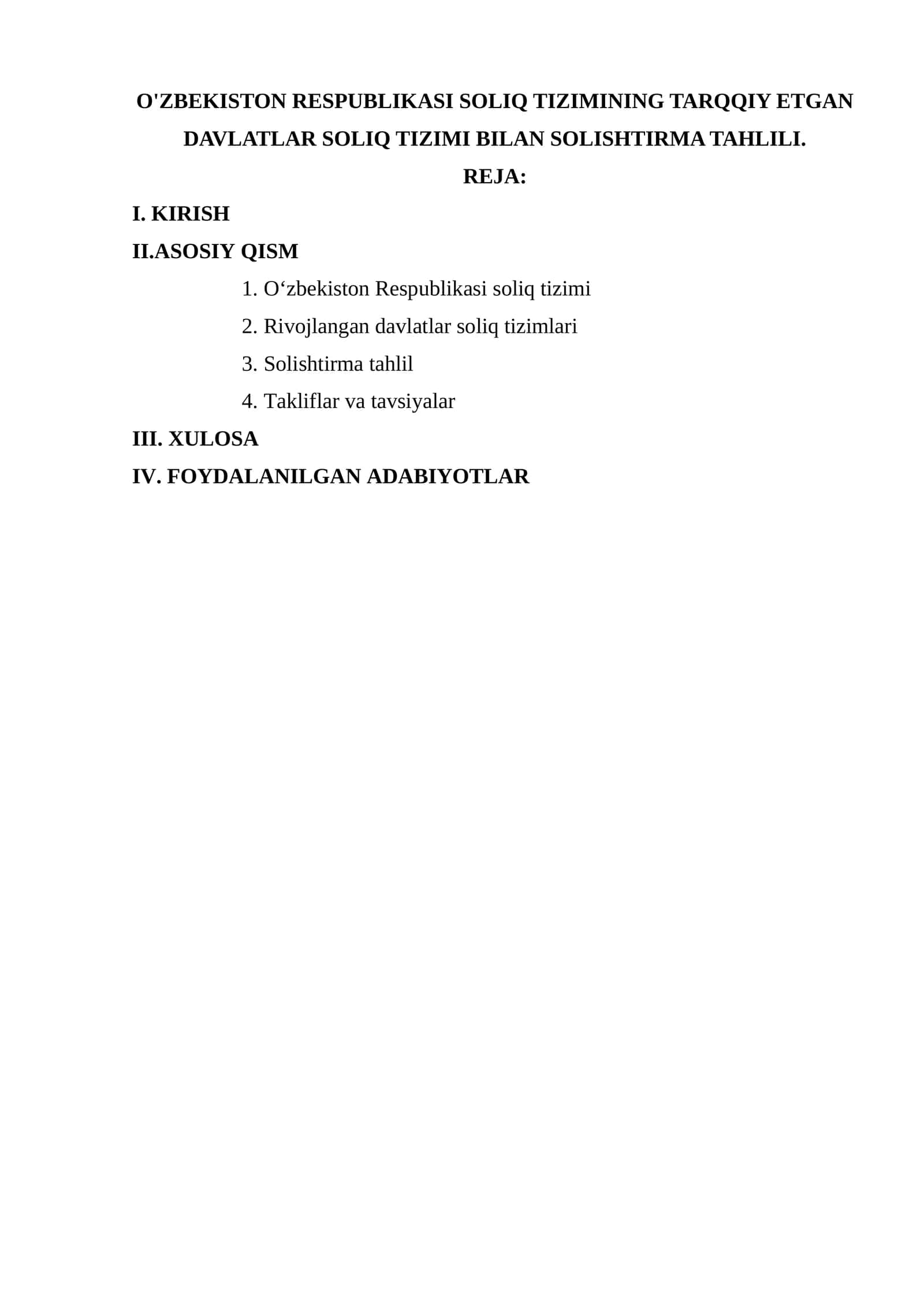 O'ZBEKISTON RESPUBLIKASI SOLIQ TIZIMINING TARQQIY ETGAN DAVLATLAR SOLIQ TIZIMI BILAN SOLISHTIRMA TAHLILI