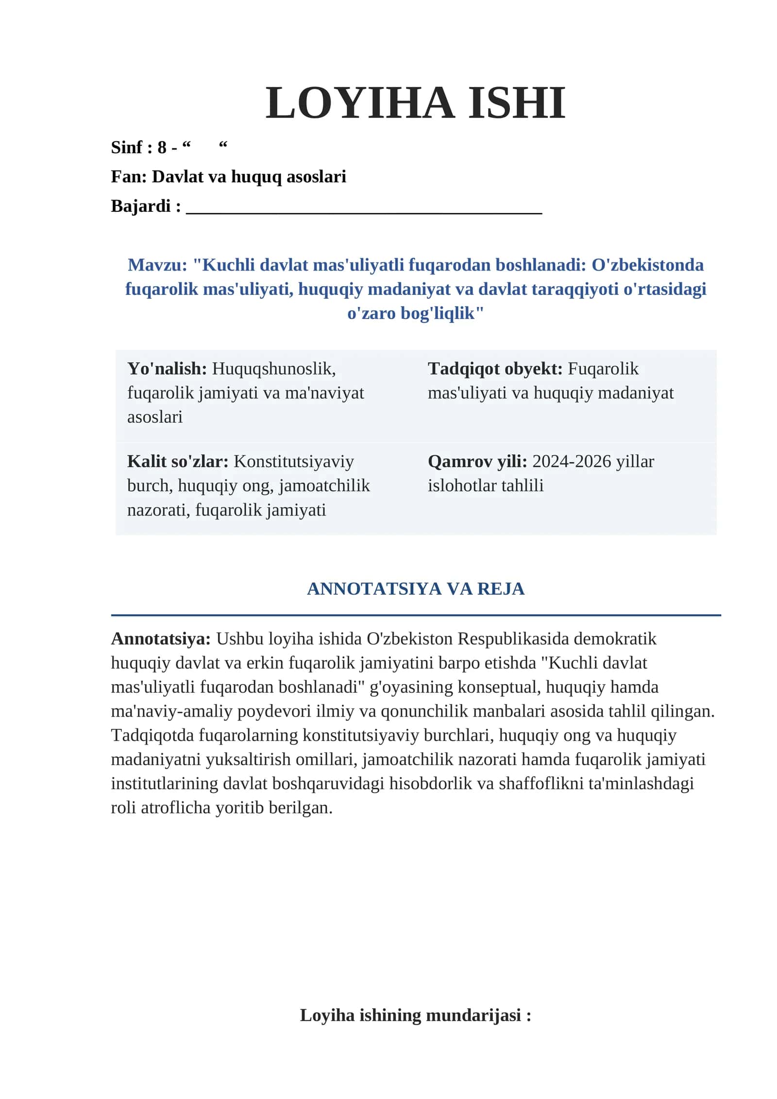 "Kuchli davlat mas'uliyatli fuqarodan boshlanadi: O'zbekistonda fuqarolik mas'uliyati, huquqiy madaniyat va davlat taraqqiyoti o'rtasidagi o'zaro bog'liqlik"