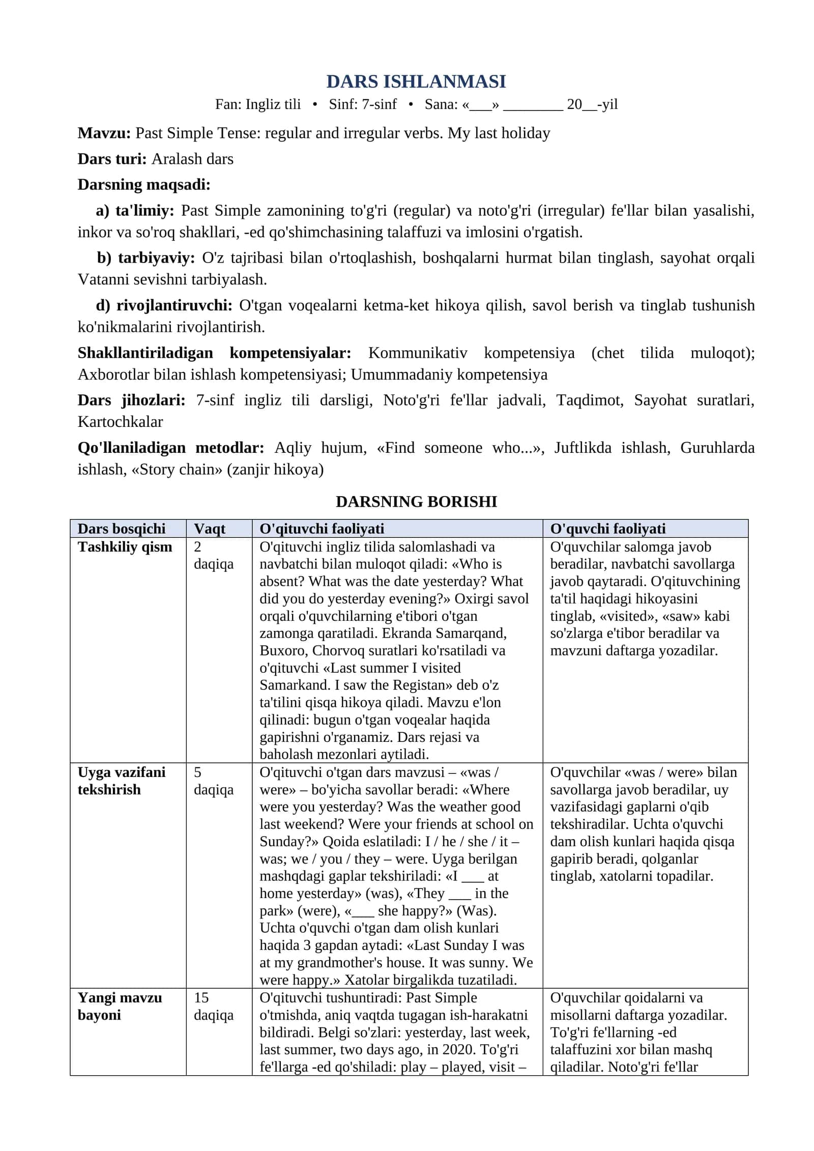 7 sinf Ingliz tili dars ishlanma Past Simple Tense regular and irregular verbs