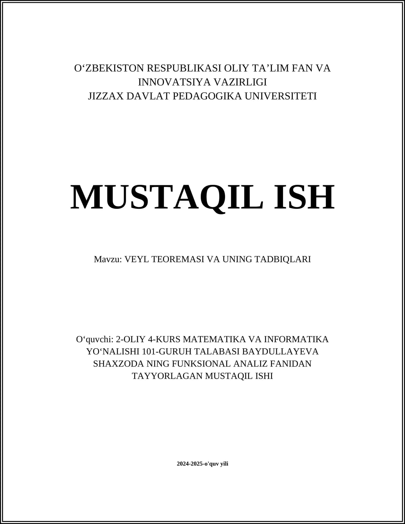 VEYL TEOREMASI VA UNING TADBIQLARI