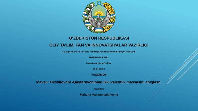 Oksidlovchi -Qaytaruvchining ikki valentlik massasini aniqlash