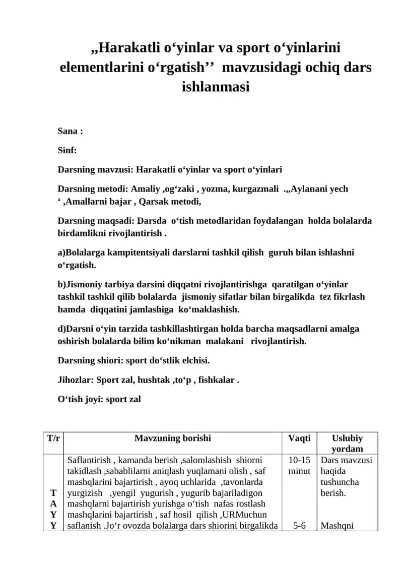 Harakatli oʻyinlar va sport oʻyinlarini elementlarini oʻrgatish
