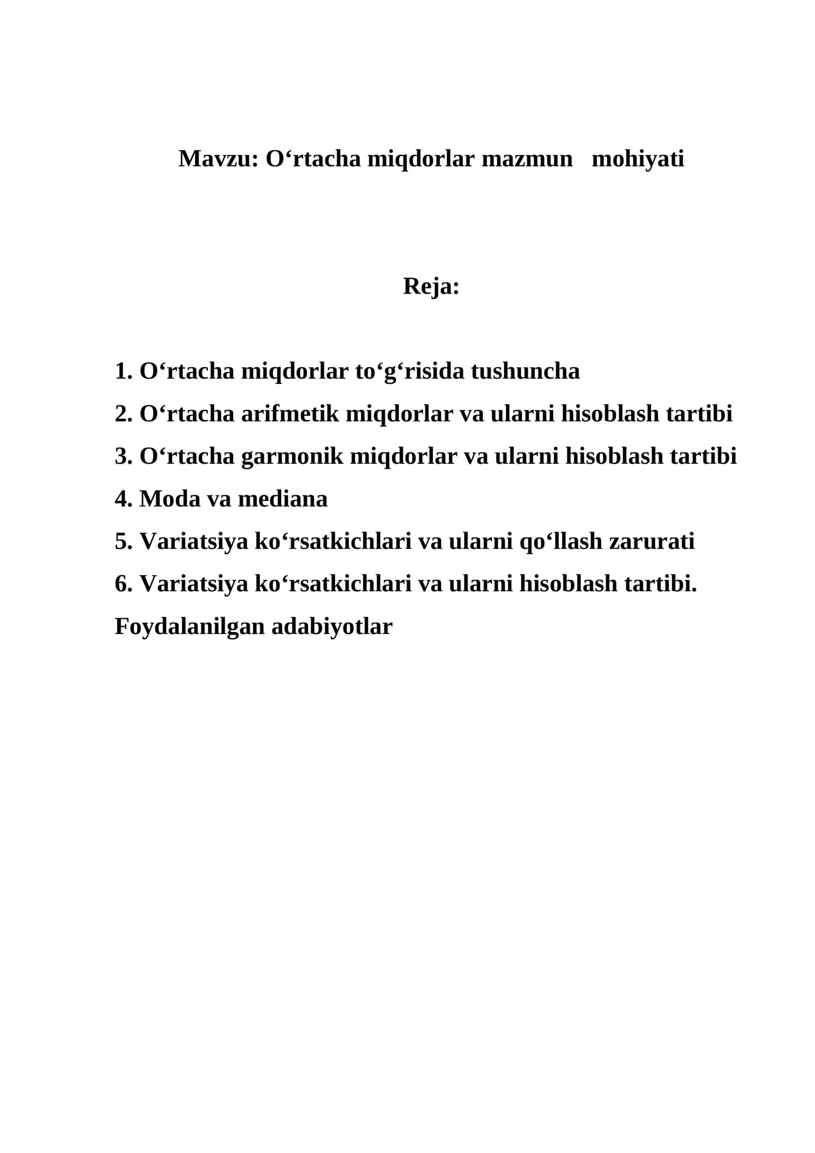 O‘rtacha miqdorlar mazmun mohiyati