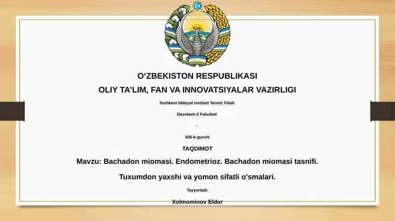 Bachadon miomasi. Endometrioz. Bachadon miomasi tasnifi.