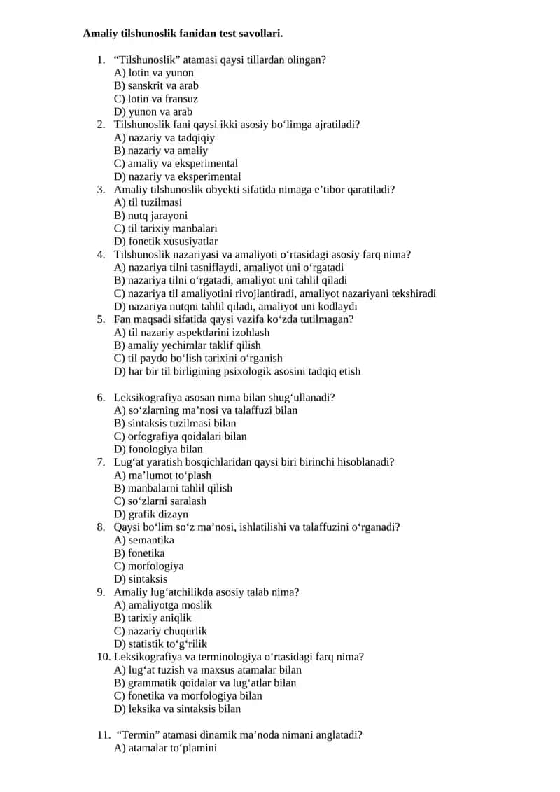 Amaliy tilshunoslik fanidan test savollari