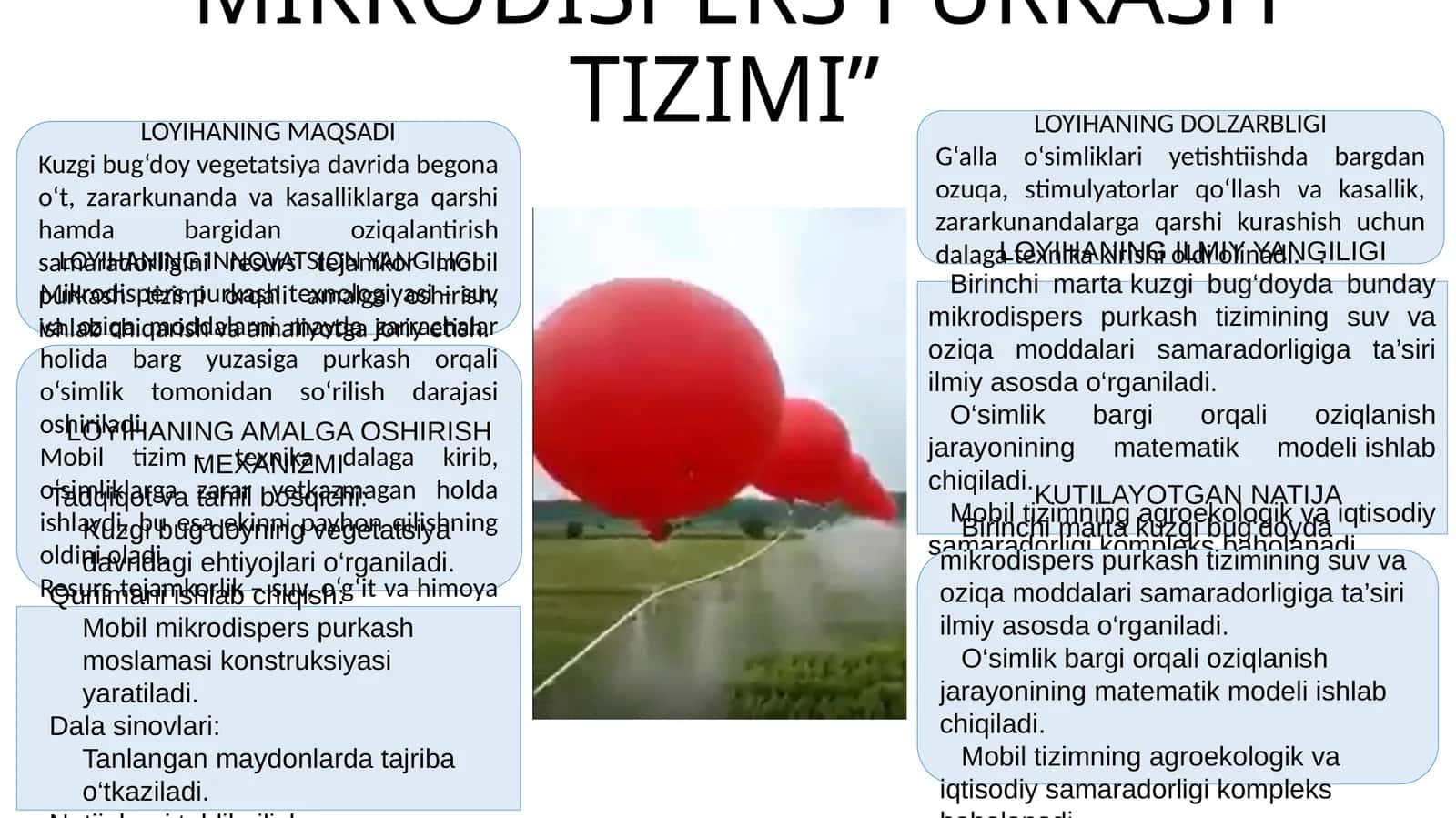 Agrobiologiya Agronomiya ta’lim yo‘nalishi 2-bosqich 11-UBAYDULLAYEV URAIMJON SHUXRAT O‘G‘LINING“KUZGI BUG‘DOYDA SUV VA OZIQA MODDALARI SAMARADORLIGINI OSHIRUVCHI MOBIL MIKRODISPERS PURKASH TIZIMI”