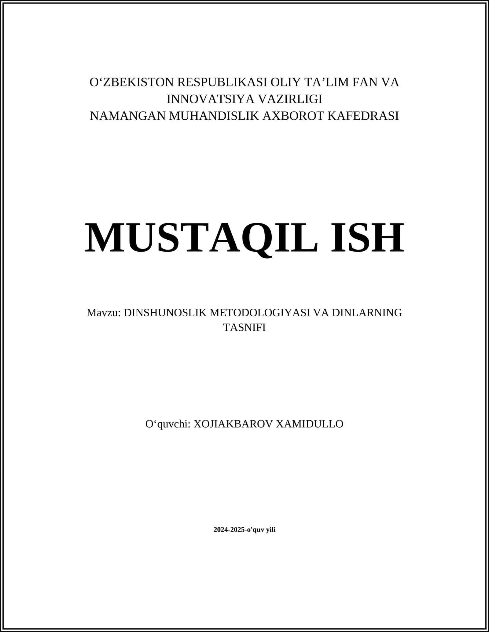 DINSHUNOSLIK METODOLOGIYASI VA DINLARNING TASNIFI
