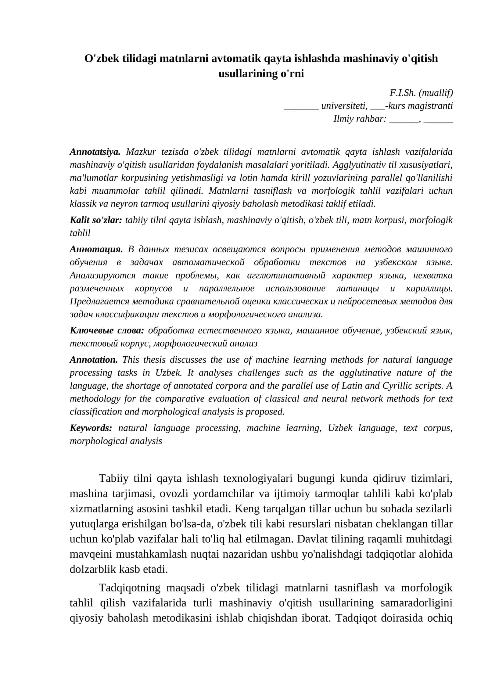 Na'muna tezis 23 Axborot texnologiyalari Ozbek tilidagi matnlarni avtomatik qayta ishlashda mashinavi namuna