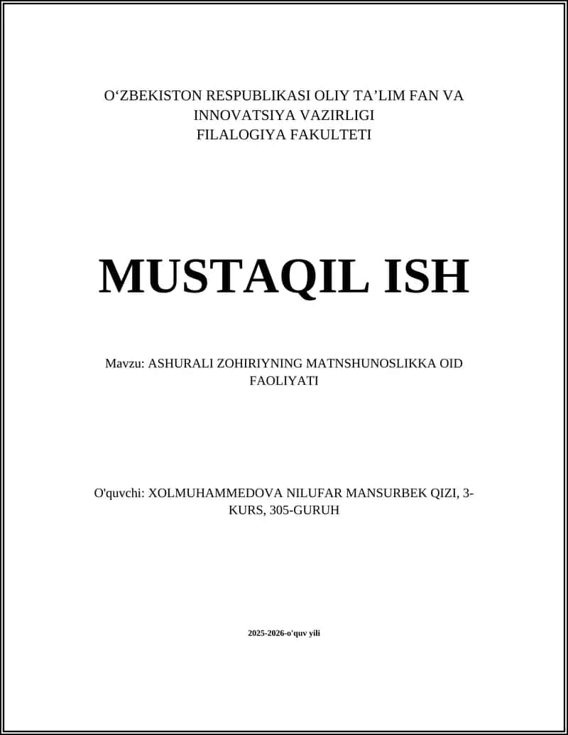ASHURALI ZOHIRIYNING MATNSHUNOSLIKKA OID FAOLIYATI