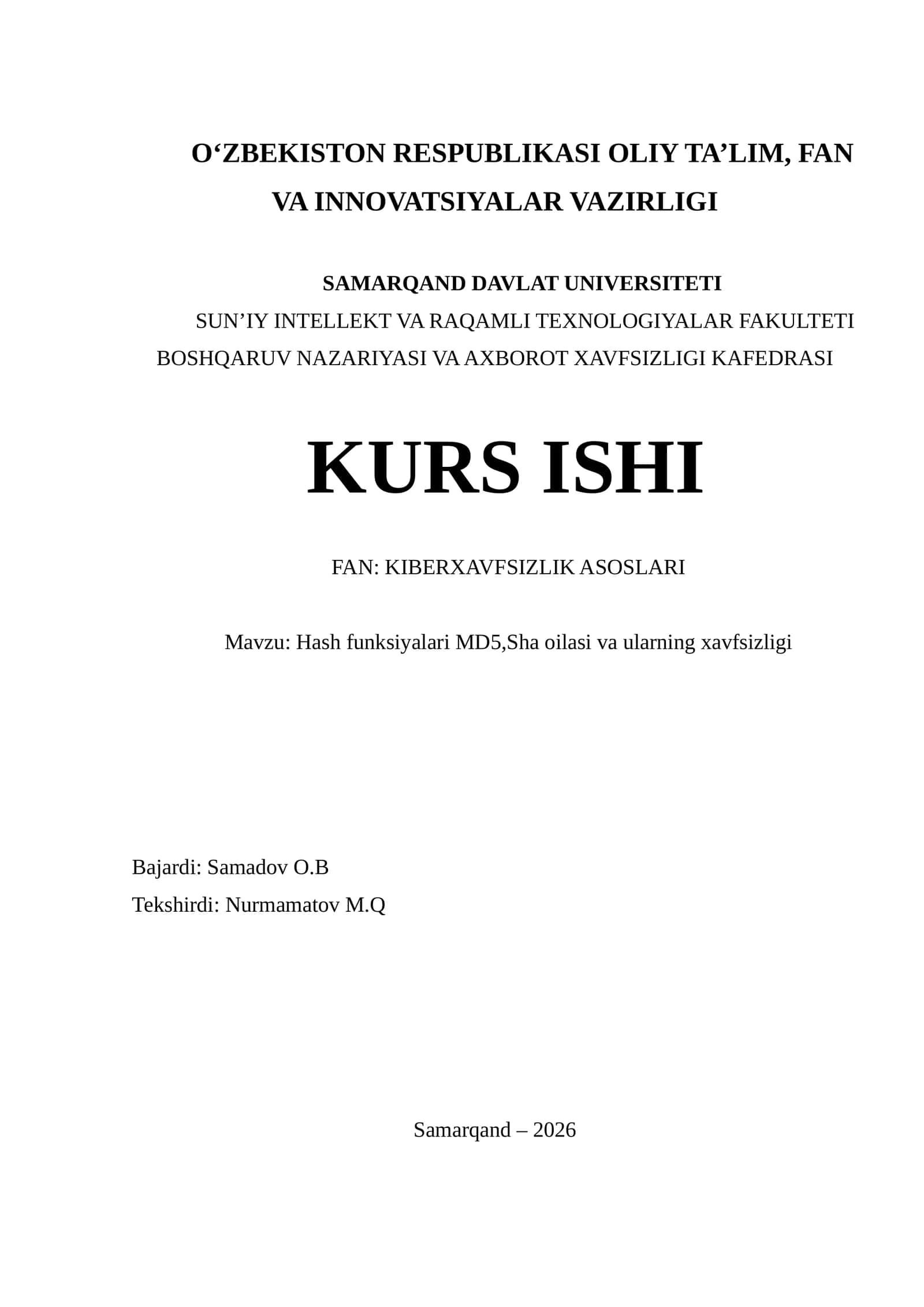 Hash funksiyalari MD5,Sha oilasi va ularning xavfsizligi