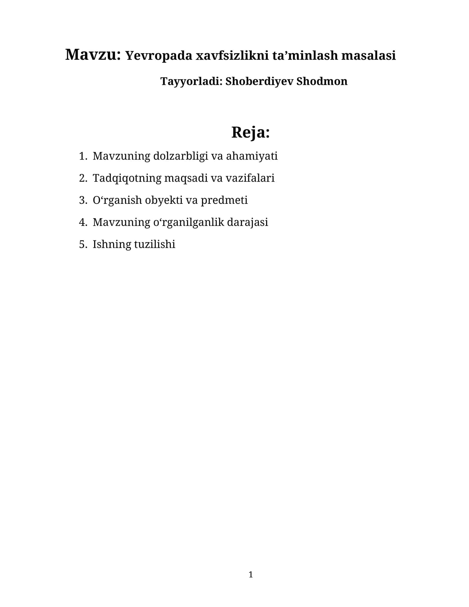 Yevropada xavfsizlikni ta’minlash masalasi