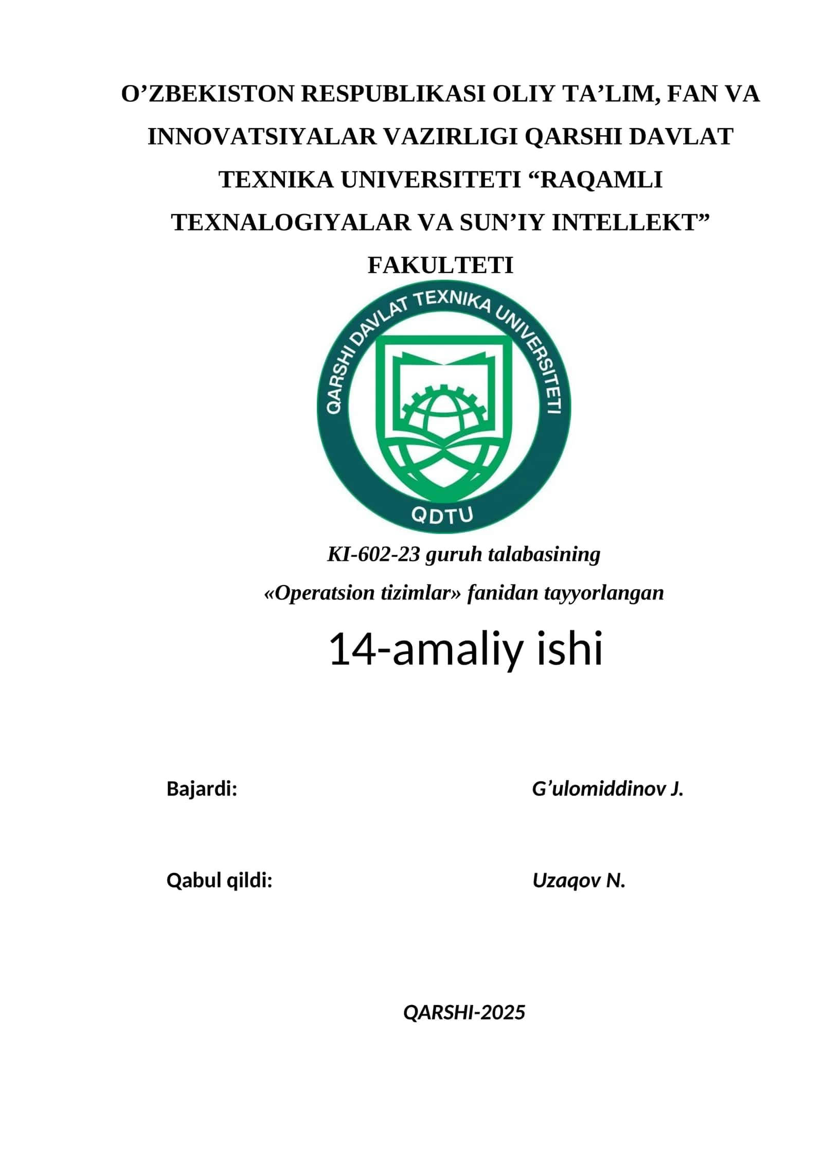 Operatsion tizimlar fanidan tayyorlangan 14-amaliy ish