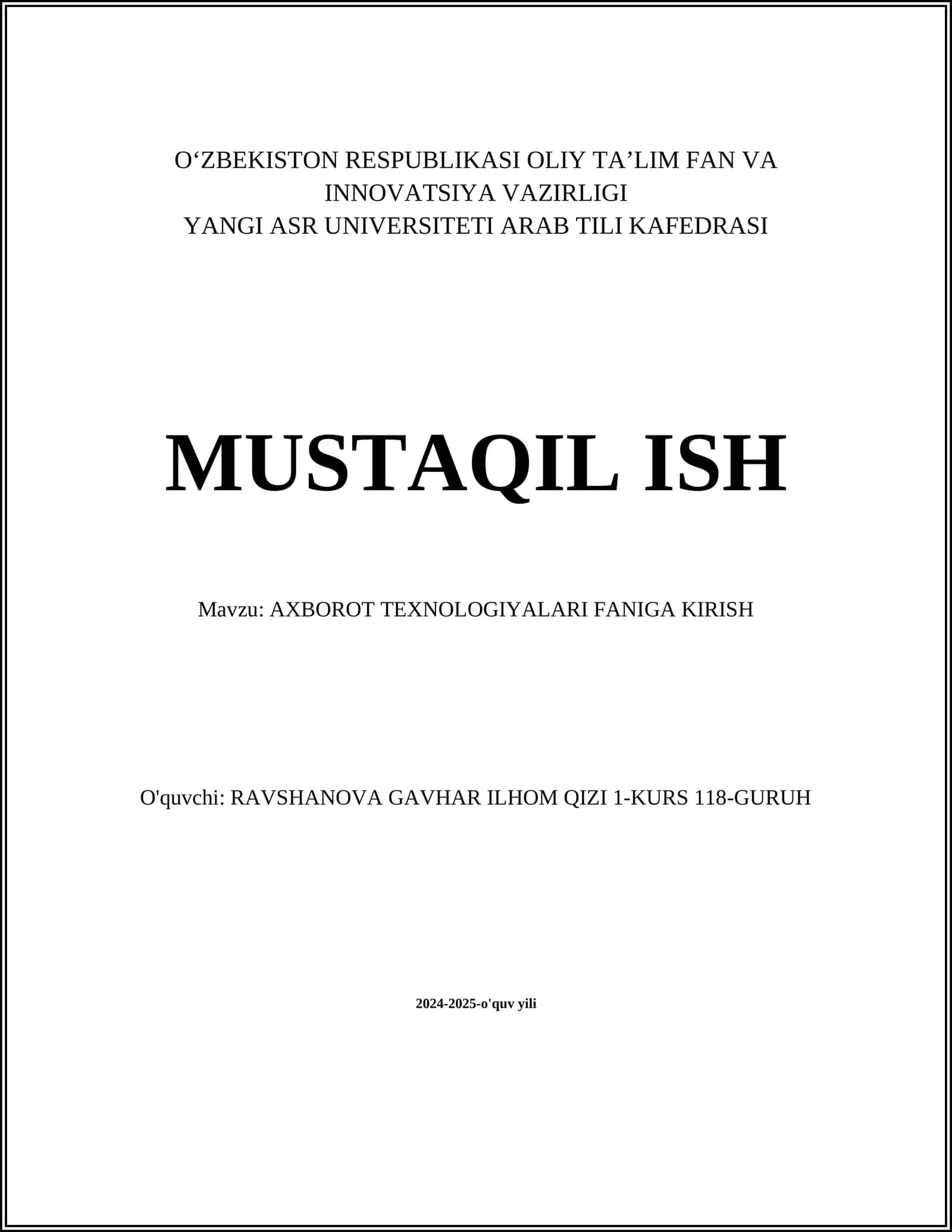 AXBOROT TEXNOLOGIYALARI FANIGA KIRISH