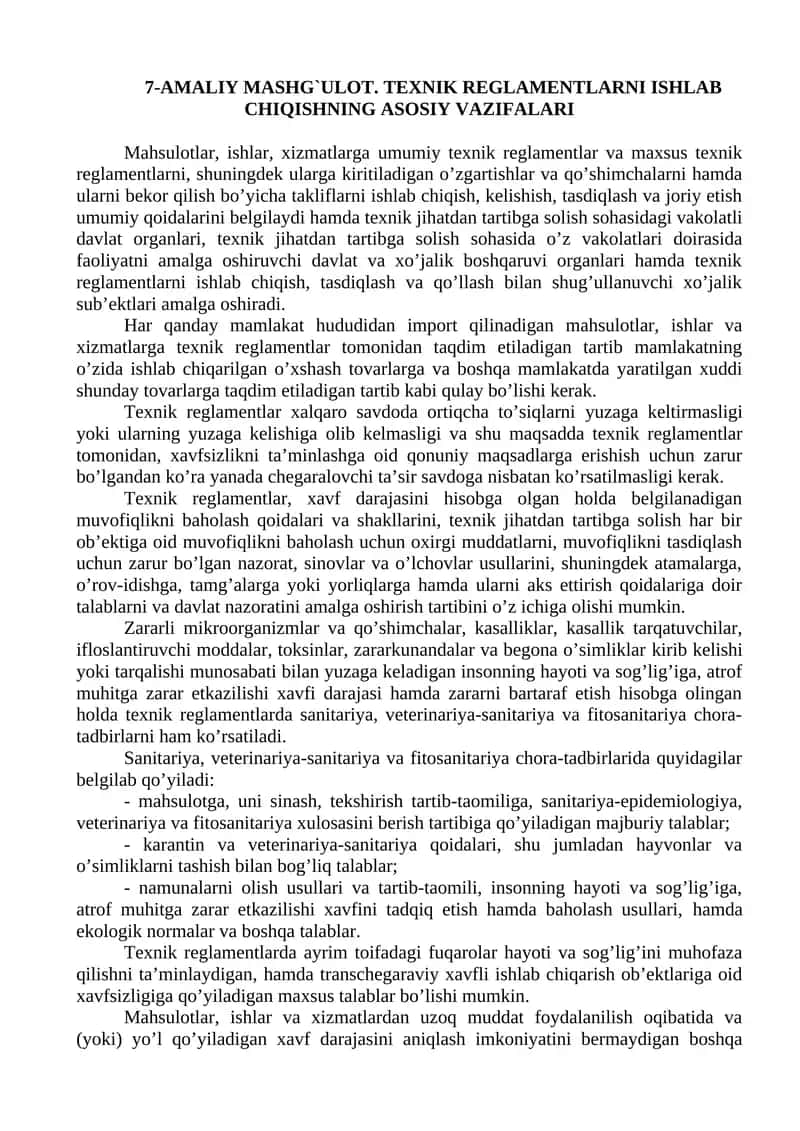 7-AMALIY MASHG`ULOT. TEXNIK REGLAMENTLARNI ISHLAB CHIQISHNING ASOSIY VAZIFALARI