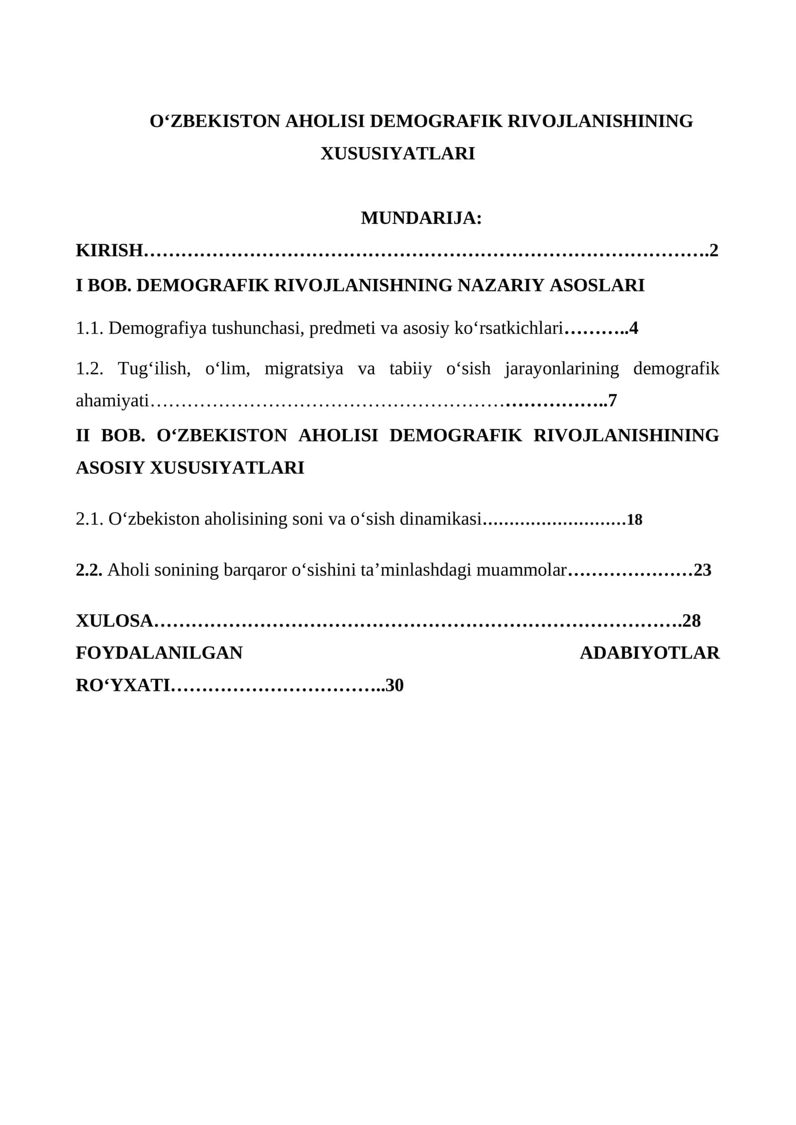 O‘ZBEKISTON AHOLISI DEMOGRAFIK RIVOJLANISHINING XUSUSIYATLARI