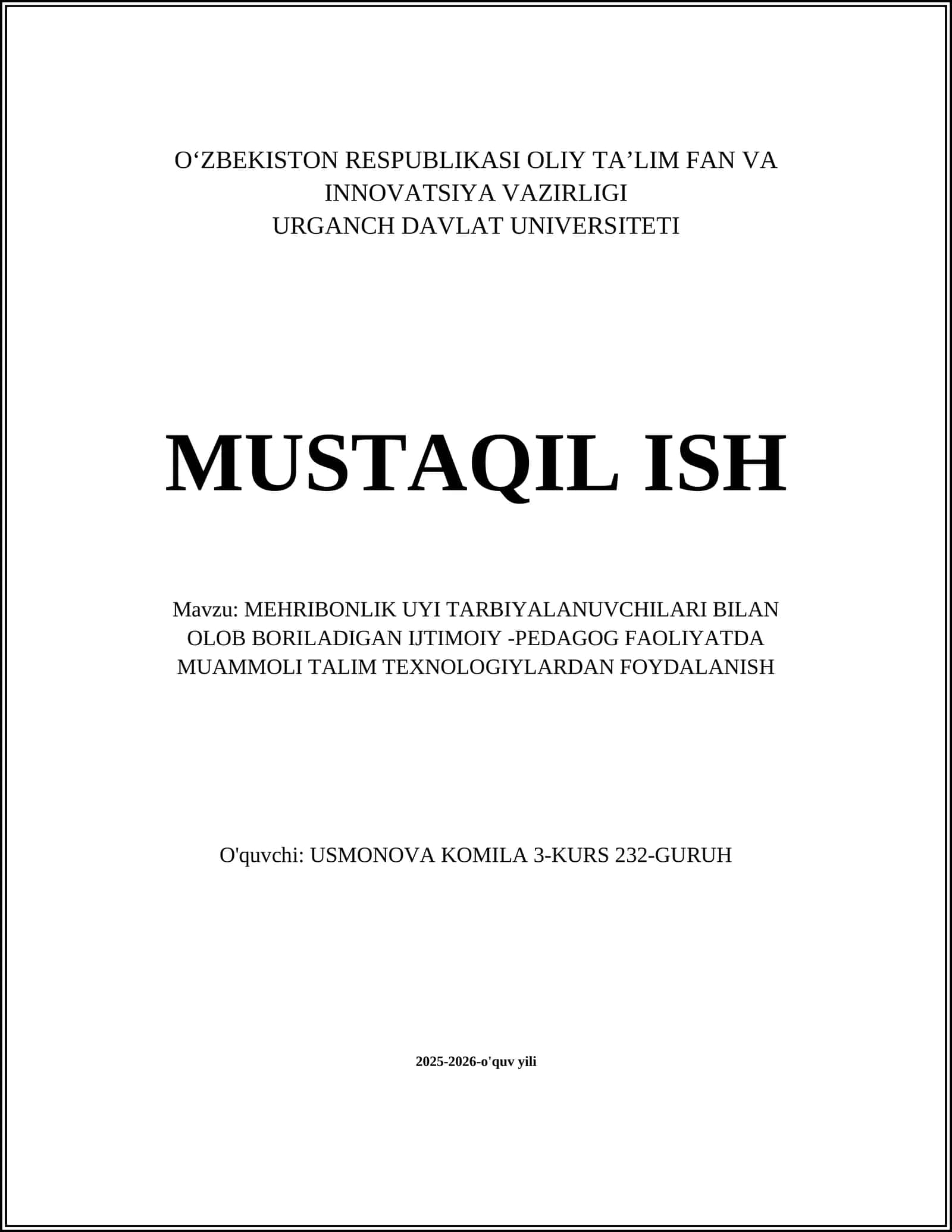 MEHRIBONLIK UYI TARBIYALANUVCHILARI BILAN OLOB BORILADIGAN IJTIMOIY -PEDAGOG FAOLIYATDA MUAMMOLI TALIM TEXNOLOGIYLARDAN FOYDALANISH