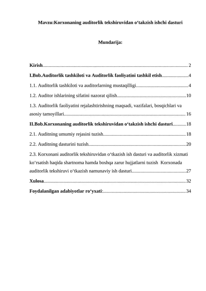Korxonaning auditorlik tekshiruvidan oʻtakzish ishchi dasturi
