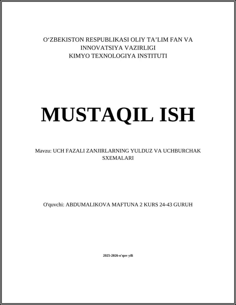 UCH FAZALI ZANJIRLARNING YULDUZ VA UCHBURCHAK SXEMALARI