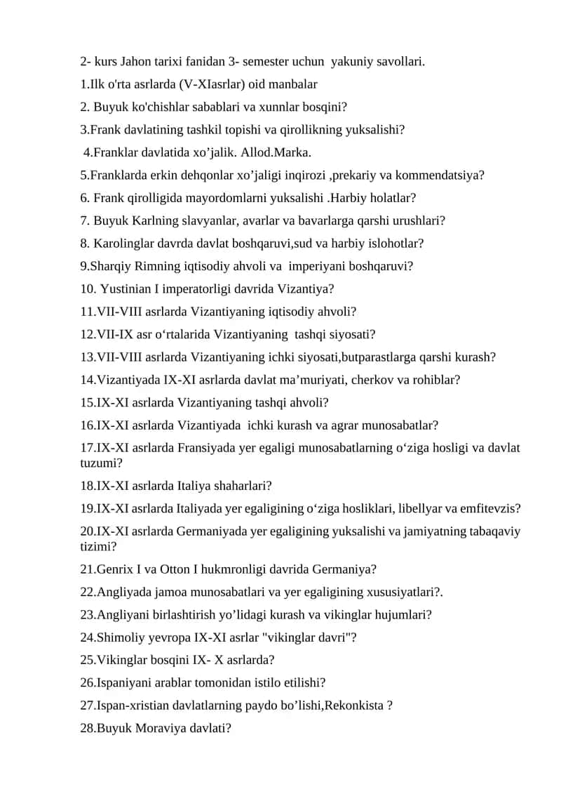 2- kurs Jahon tarixi fanidan 3- semester uchun yakuniy savollari