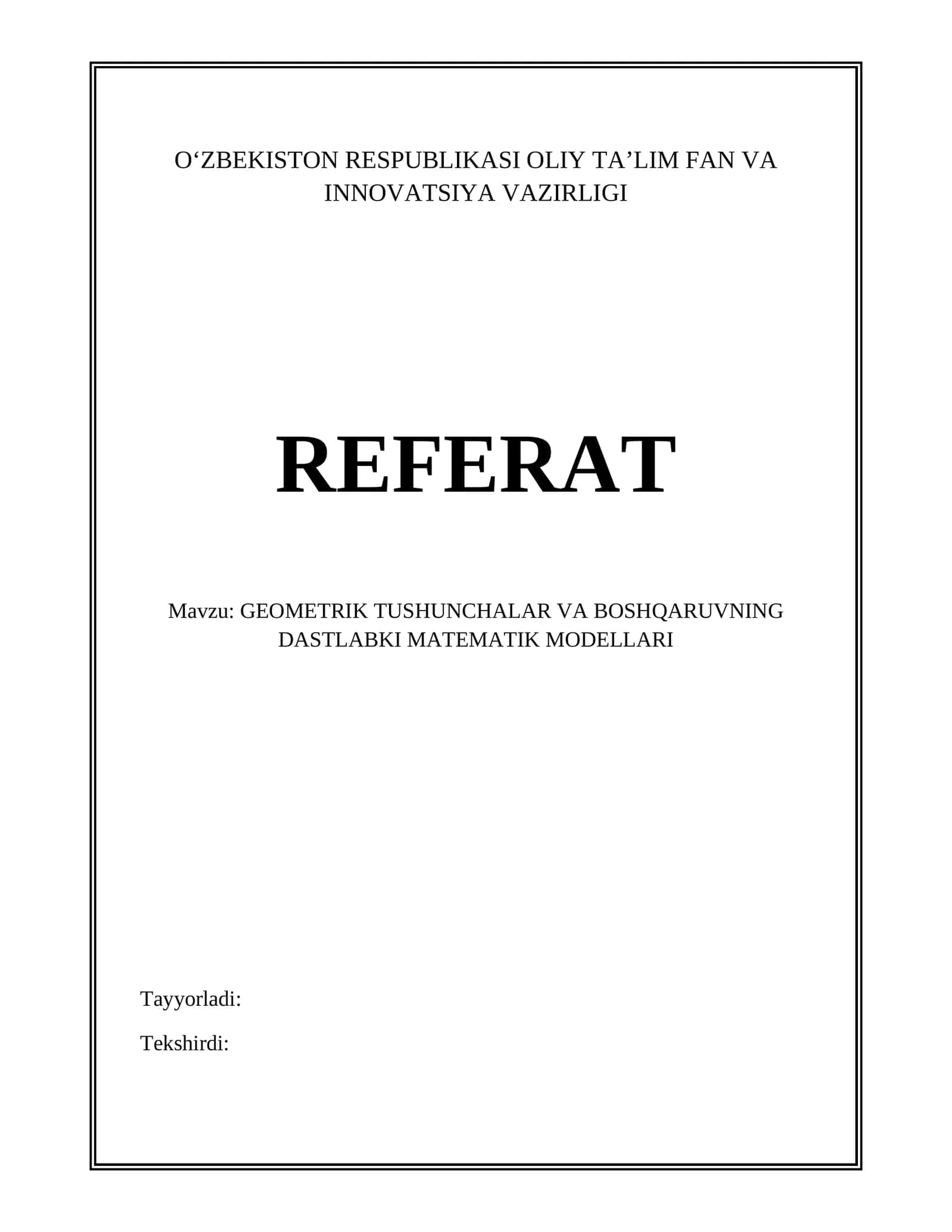 GEOMETRIK TUSHUNCHALAR VA BOSHQARUVNING DASTLABKI MATEMATIK MODELLARI
