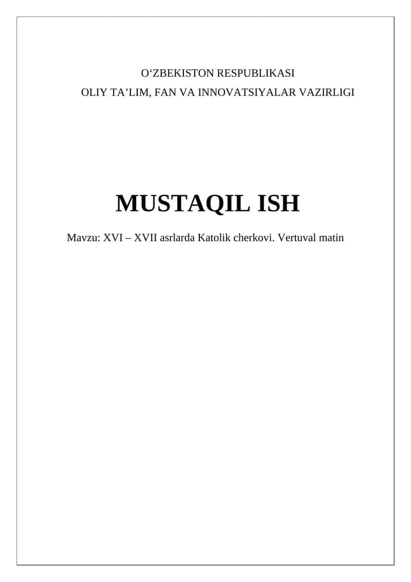 XVI – XVII asrlarda Katolik cherkovi. Vertuval matin