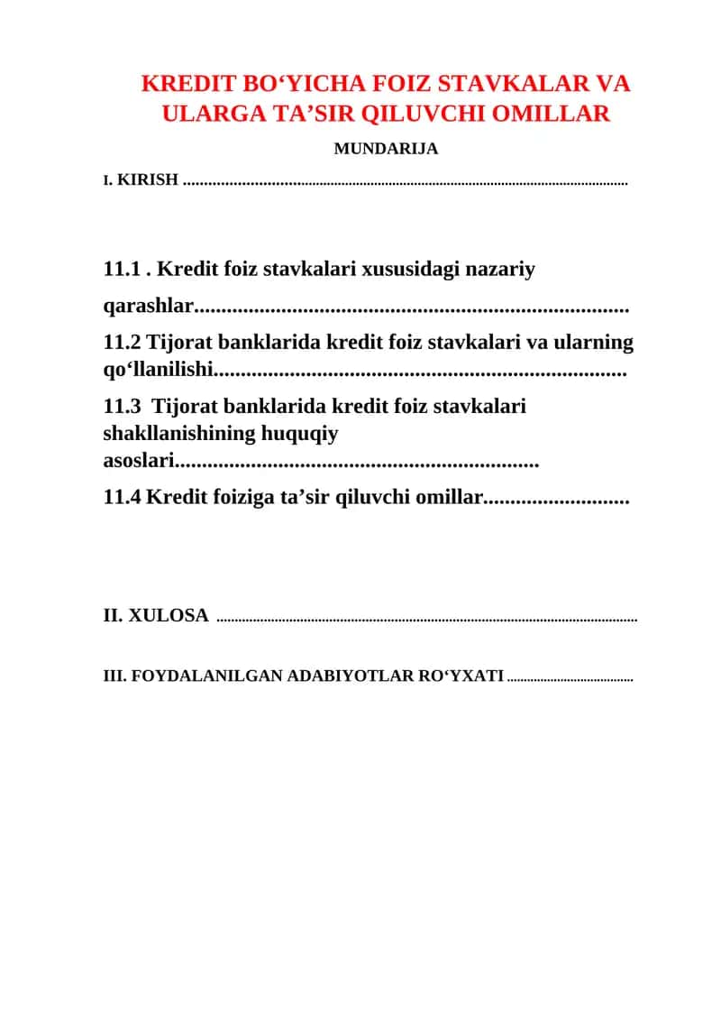 KREDIT BO‘YICHA FOIZ STAVKALAR VA ULARGA TA’SIR QILUVCHI OMILLAR