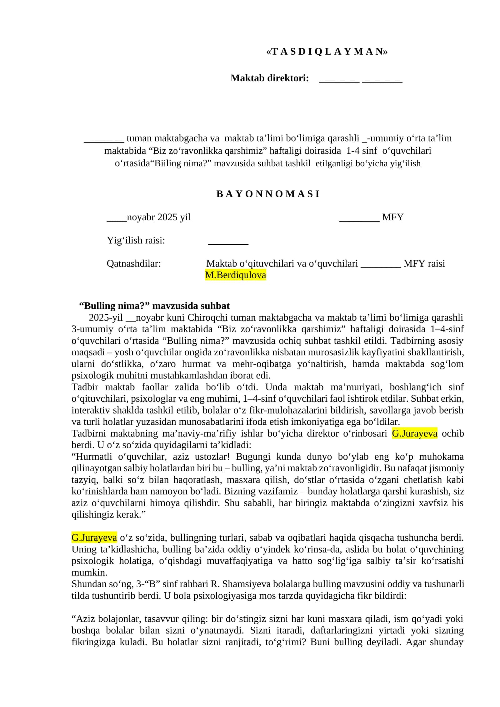 "Bulling nima?" mavzusida suhbat