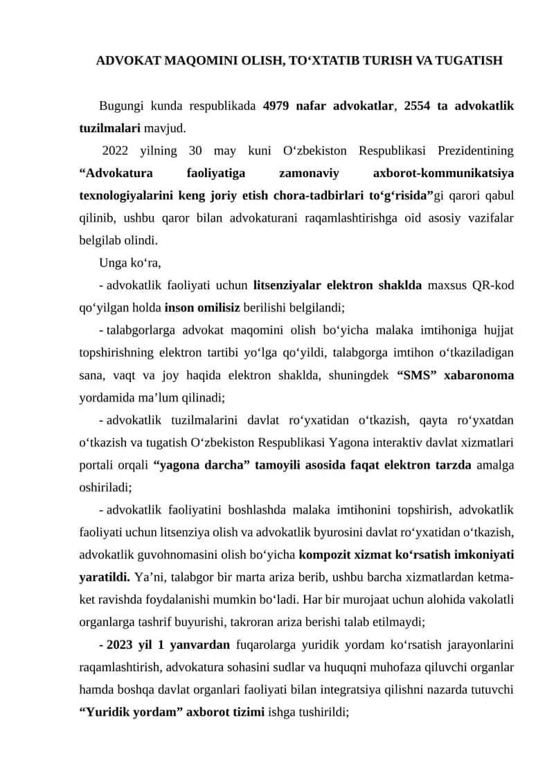 ADVOKAT MAQOMINI OLISH, TO‘XTATIB TURISH VA TUGATISH
