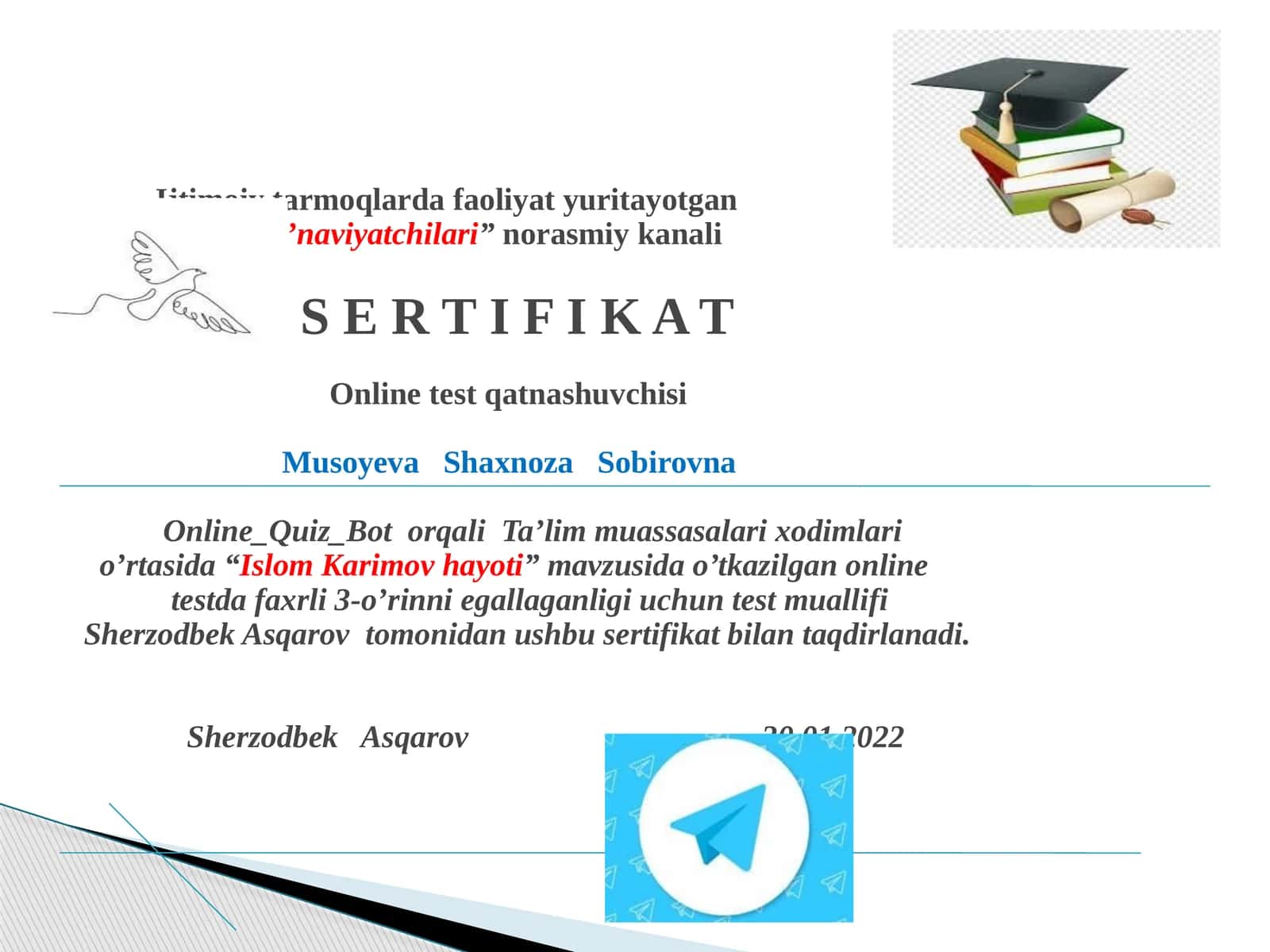 "Islom Karimov hayoti" mavzusida o'tkazilgan onlinetest