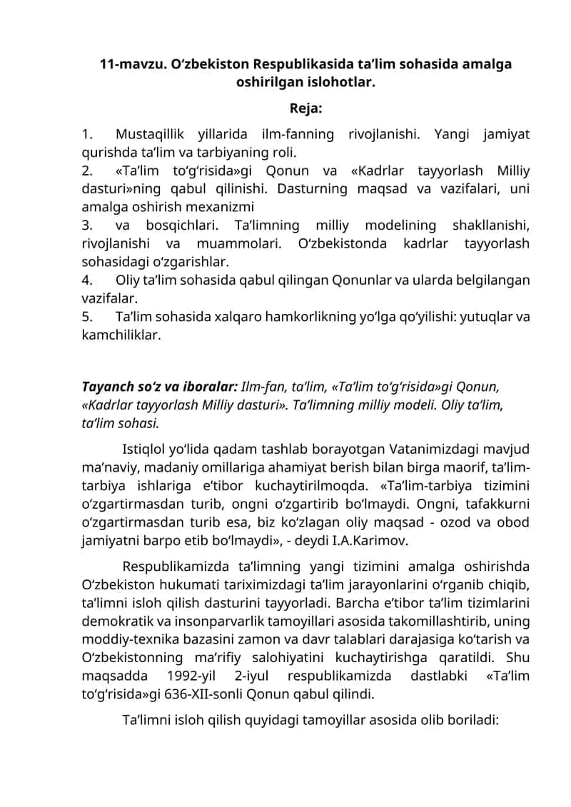 Ta'lim sohasida amalga oshirilgan islohotlar