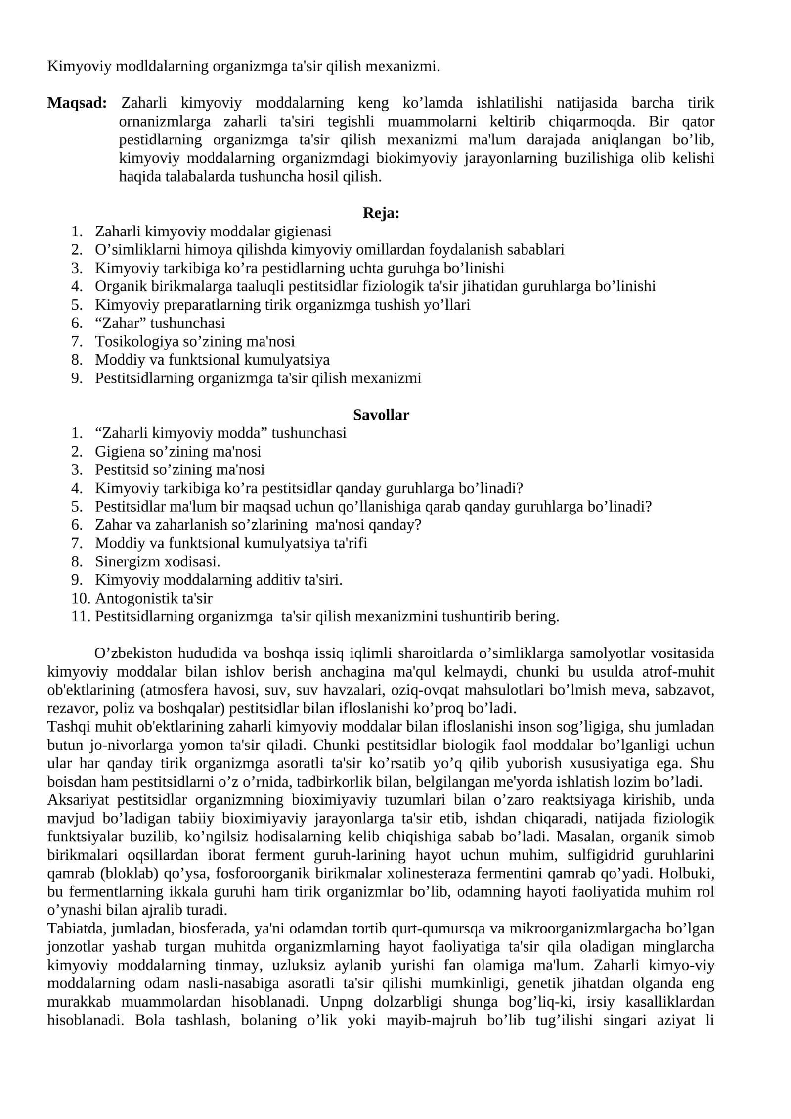 Kimyoviy modldalarning organizmga ta'sir qilish mеxanizmi