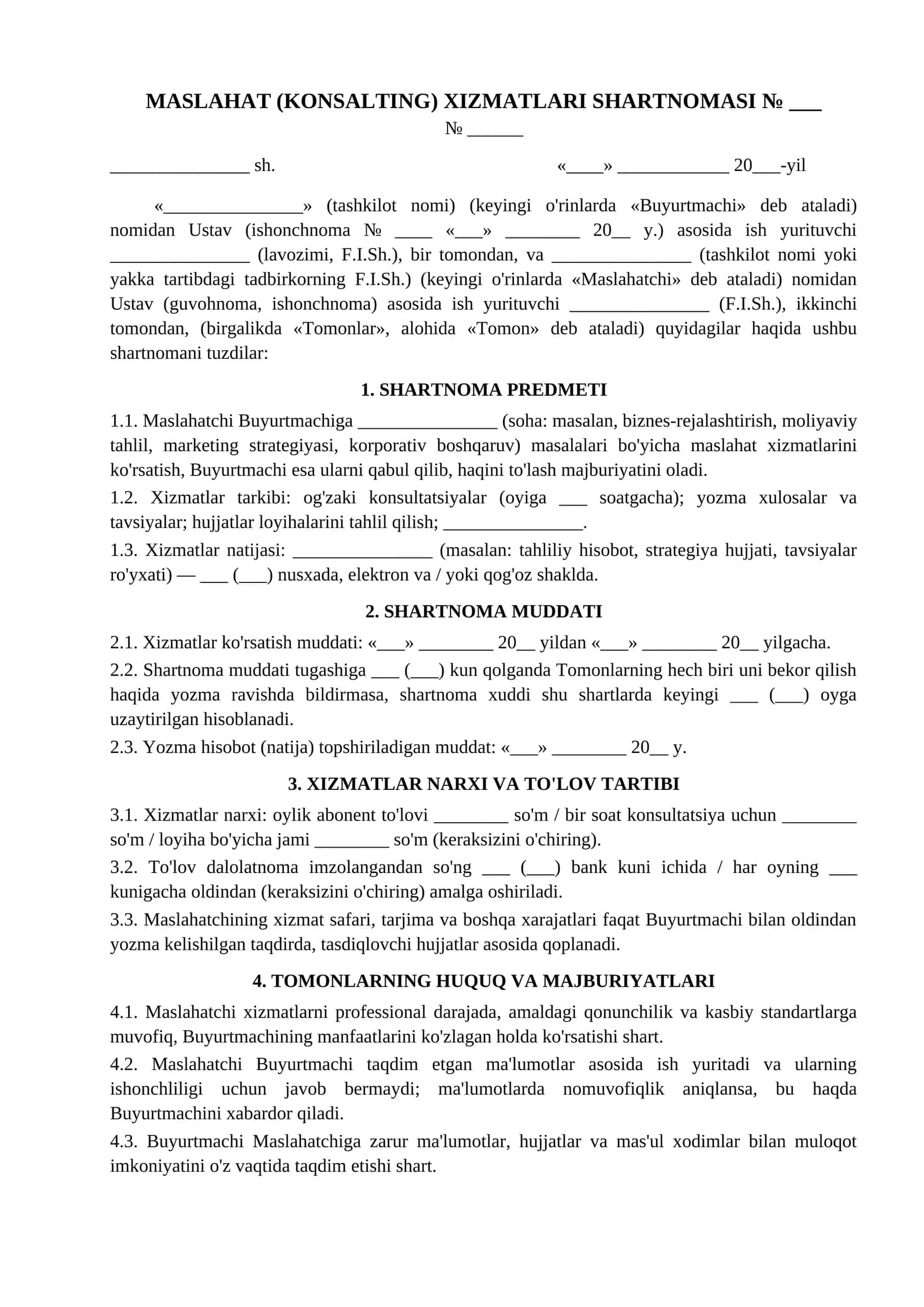 Maslahat konsalting xizmatlari shartnomasi namunasi